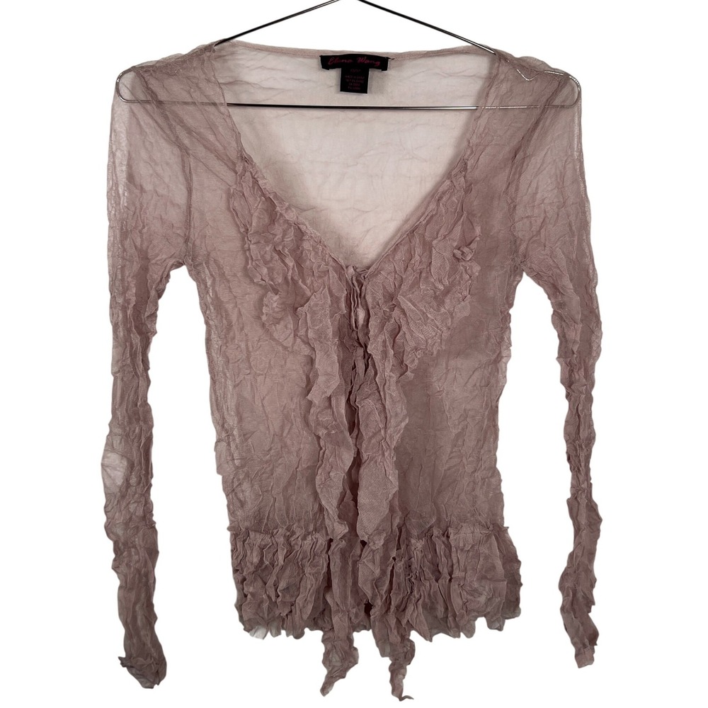 Elena Wang Sheer Crinkle Mesh Ruffle Front Tie Top Mauve Womens‎ XS
